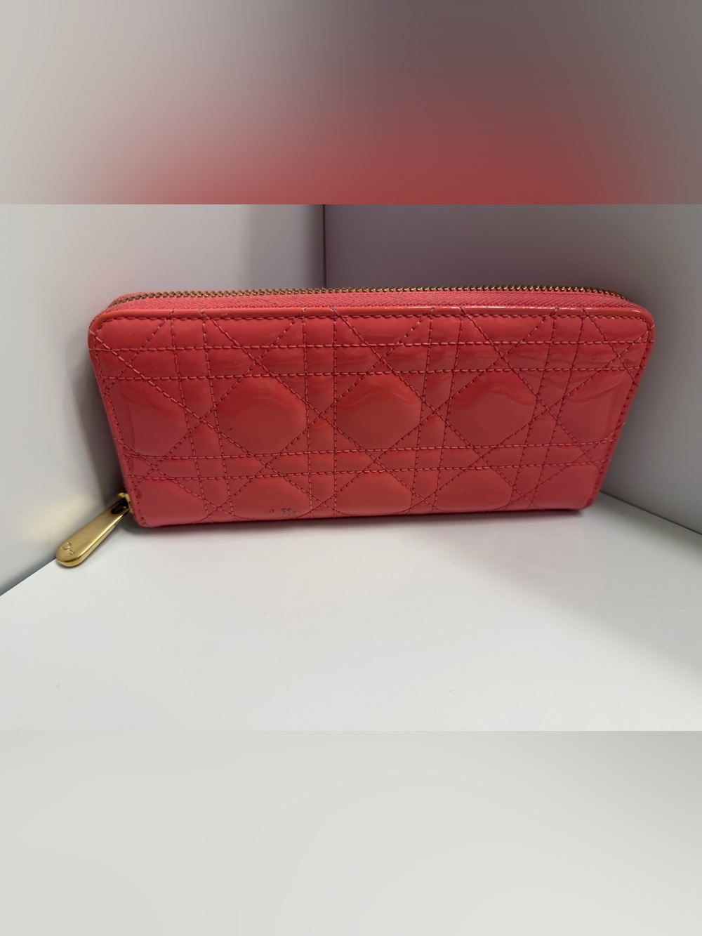 Christian Dior Lady Dior Zip Around Wallet in pink patent leather
